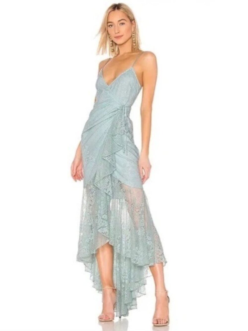 Michael Costello x REVOLVE Atienne Maxi Dress Ice Blue Lace High-Low Wrap